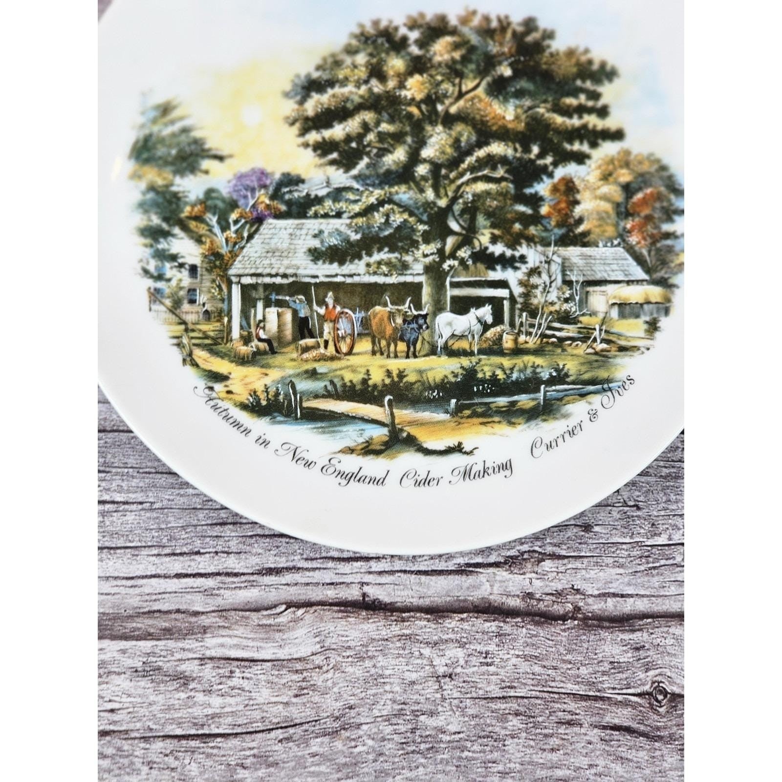 Vintage Currier & Ives Autumn Rural Scene Plate 6.5" Horse Barn Art