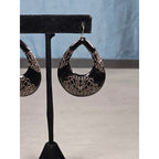 Vintage Black Teardrop Dangle Earrings with Etched Scroll Design