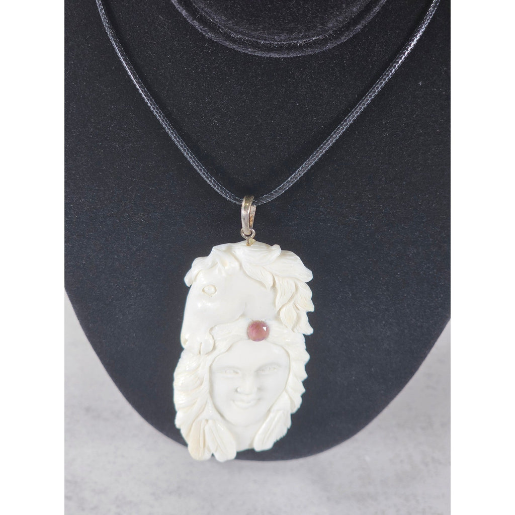 Vintage Hand Carved Horse Woman Pendant Necklace