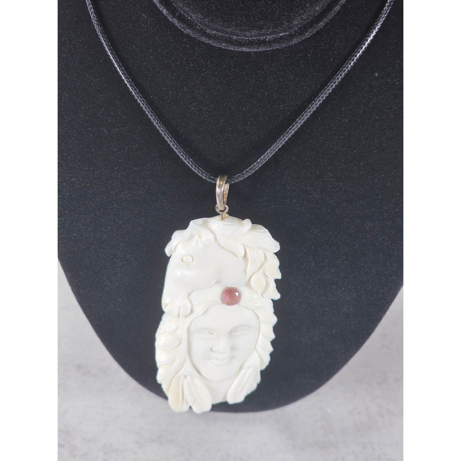 Vintage Hand Carved Horse Woman Pendant Necklace