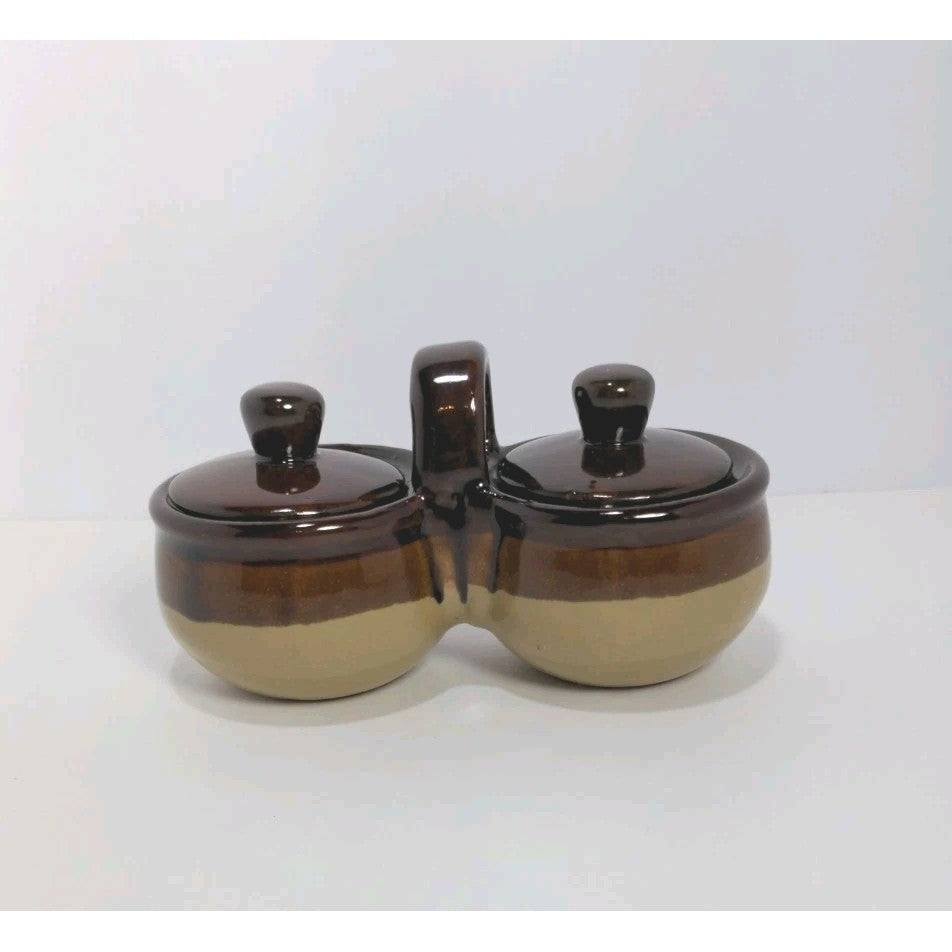 Vintage Brown Ceramic Double Jam & Jelly Crock Server with Lids