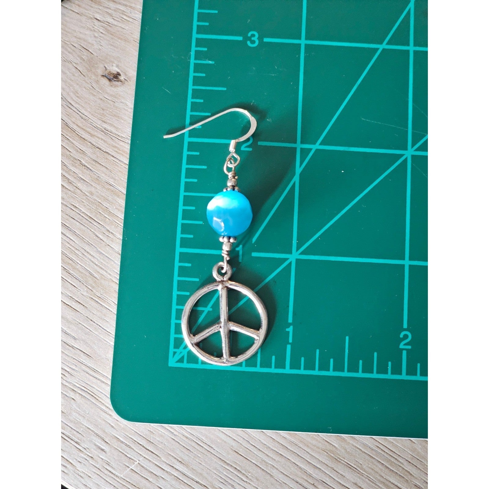 Vintage Sterling Silver Peace Sign Dangle Earrings Blue Bead .925