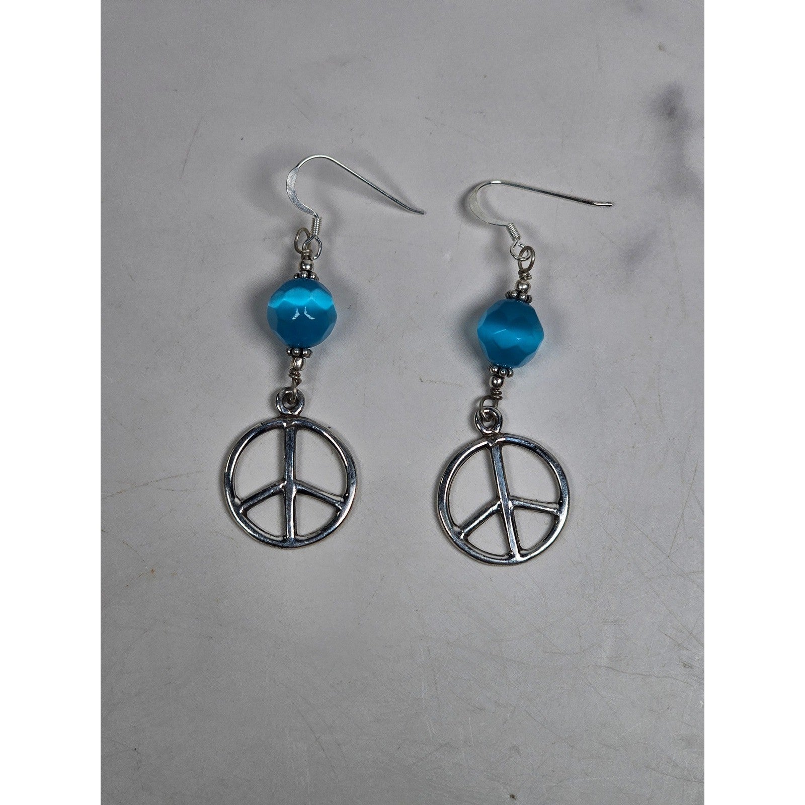 Vintage Sterling Silver Peace Sign Dangle Earrings Blue Bead .925