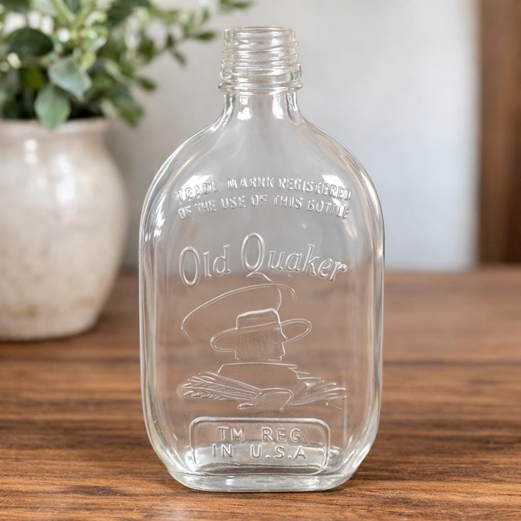 Vintage Old Quaker Whiskey Bottle Pint Clear Glass Embossed Bar Decor
