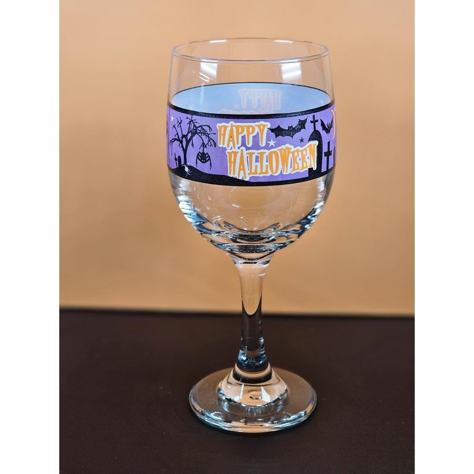 Vintage Halloween Wine Glass with Purple Spooky Silhouette Band