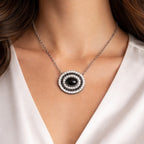 Vintage Black Oval Pendant Necklace with Rhinestone Halo on Gunmetal Chain