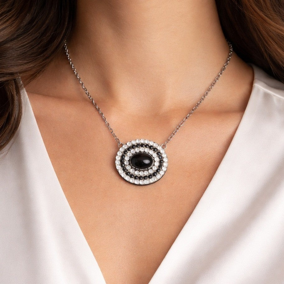 Vintage Black Oval Pendant Necklace with Rhinestone Halo on Gunmetal Chain