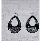 Vintage Black Teardrop Dangle Earrings with Etched Scroll Design