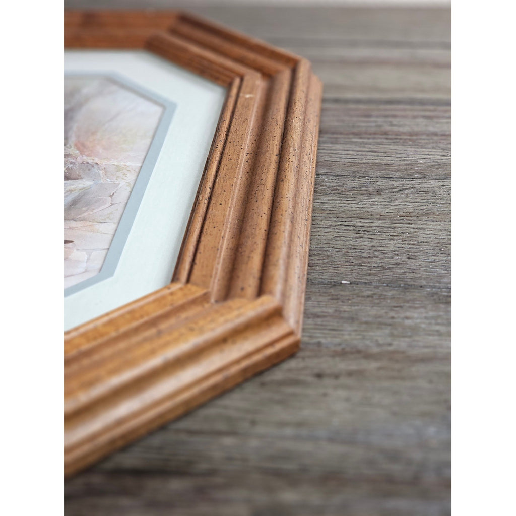Vintage Framed Pastoral Art Print Octagon Wood Frame Cottage Garden Scene