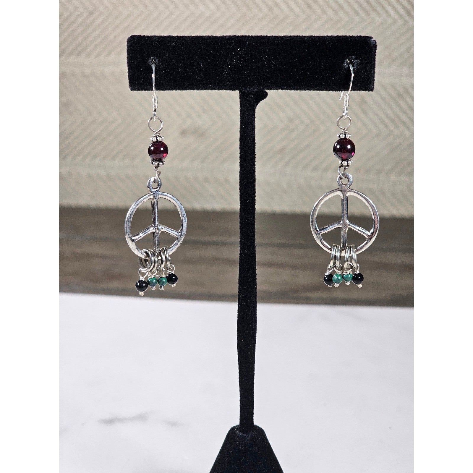 Vintage Peace Sign Dangle Earrings Garnet Bead Accent