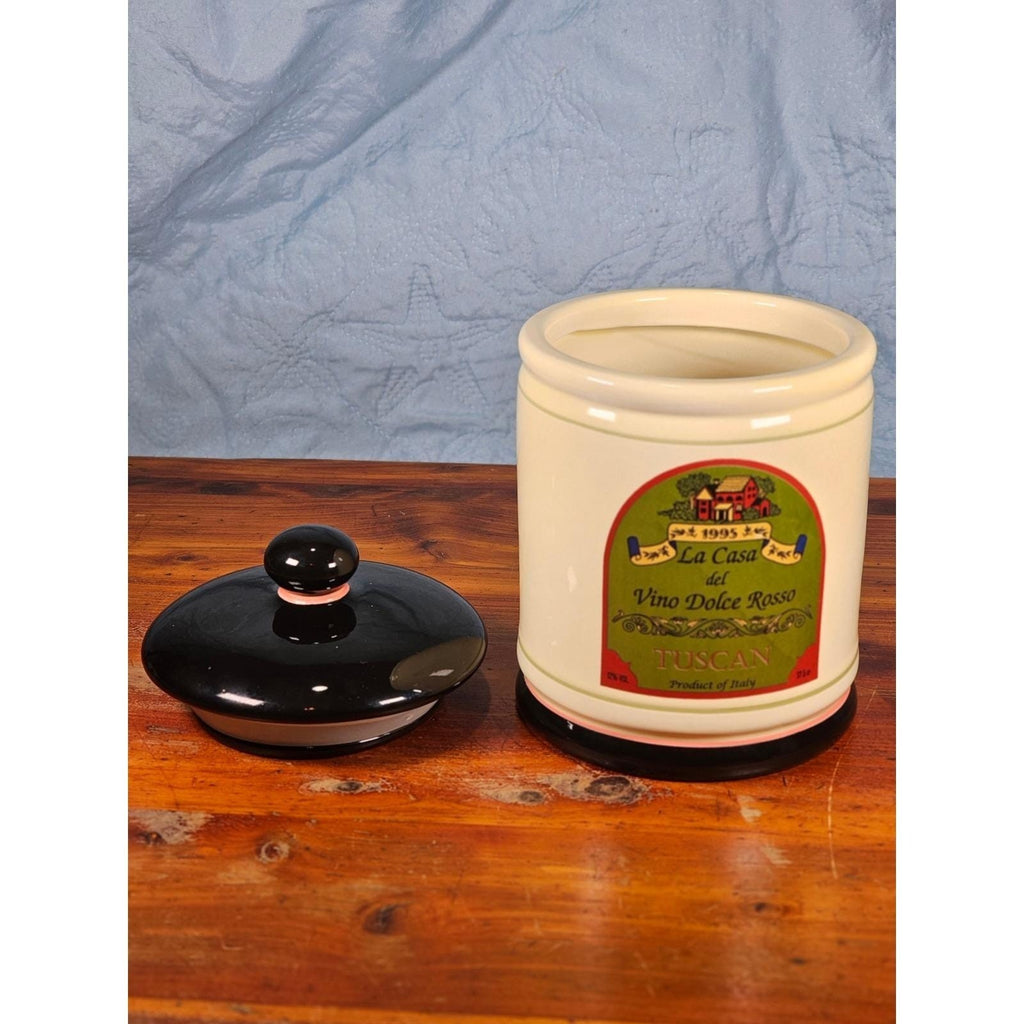 Vintage OGGI Tuscan Wine Label Ceramic Canister With Lid 8 In
