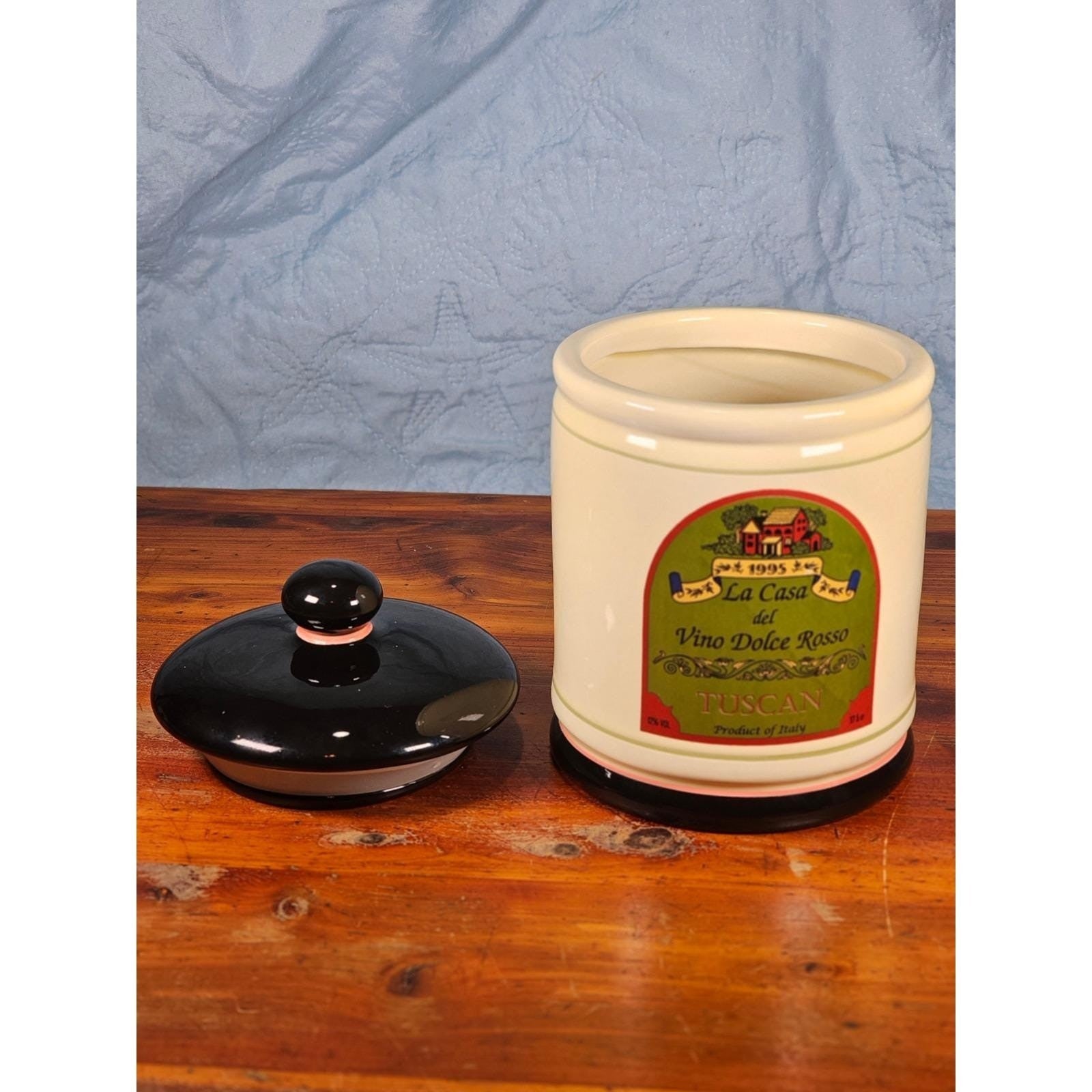 Vintage OGGI Tuscan Wine Label Ceramic Canister With Lid 8 In