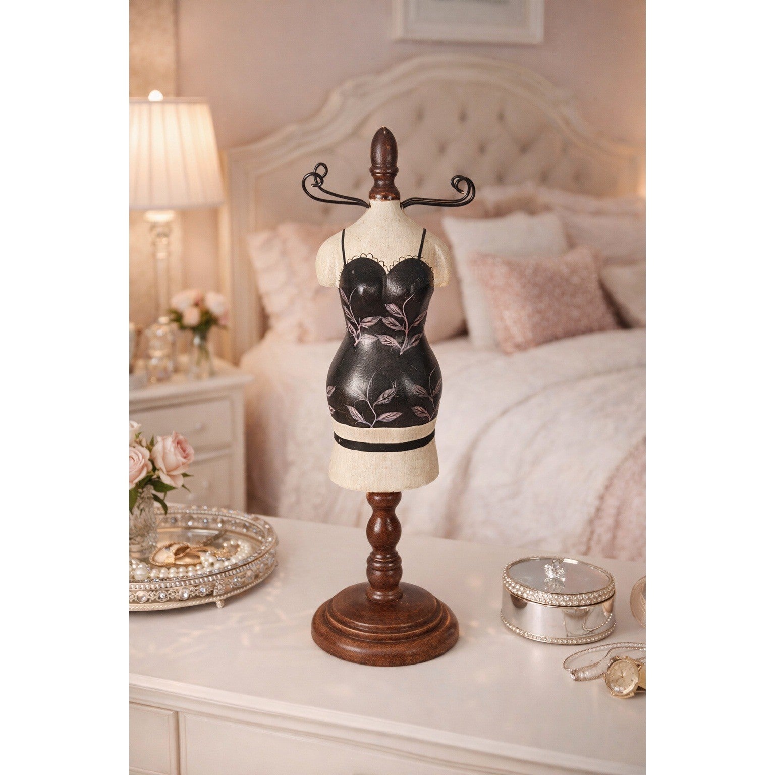 Vintage Floral Mannequin Jewelry Holder Wood Base Display Stand