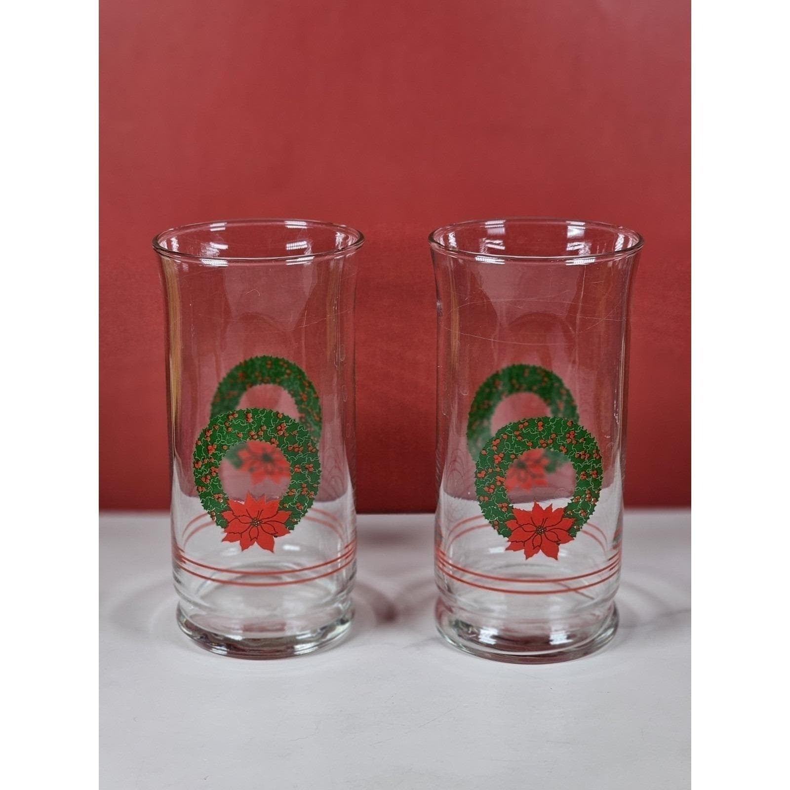 Vintage Libbey Christmas Glasses Set of 2 Holly Poinsettia Holiday Drinkware
