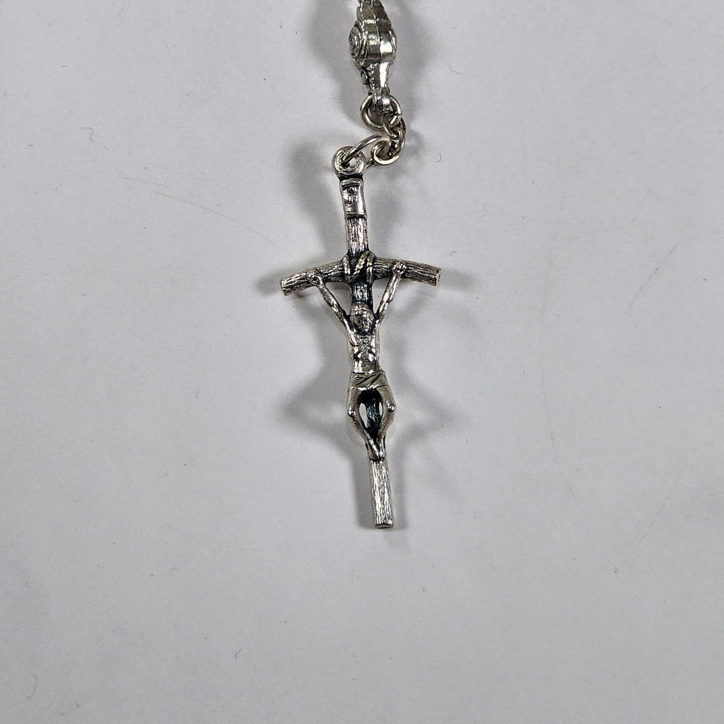 Vintage Black Bead Rosary Necklace Silver Tone Crucifix Catholic