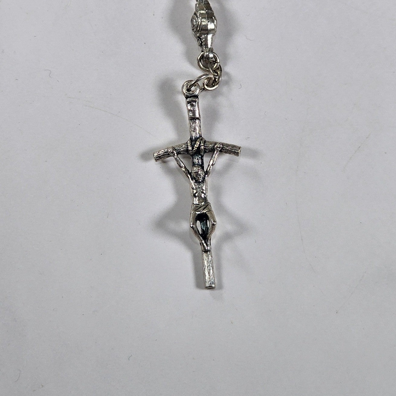 Vintage Black Bead Rosary Necklace Silver Tone Crucifix Catholic