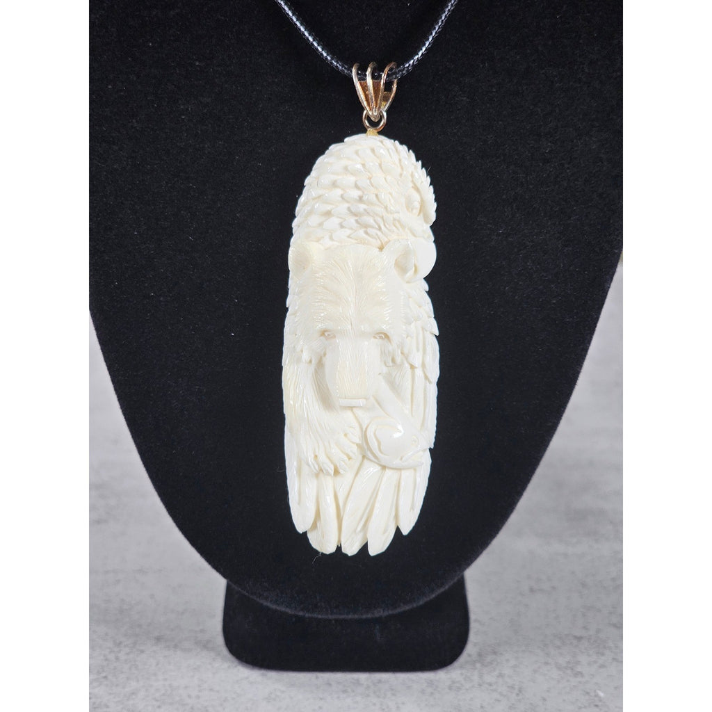 Vintage Carved Buffalo Lion Eagle Wolf Pendant Necklace
