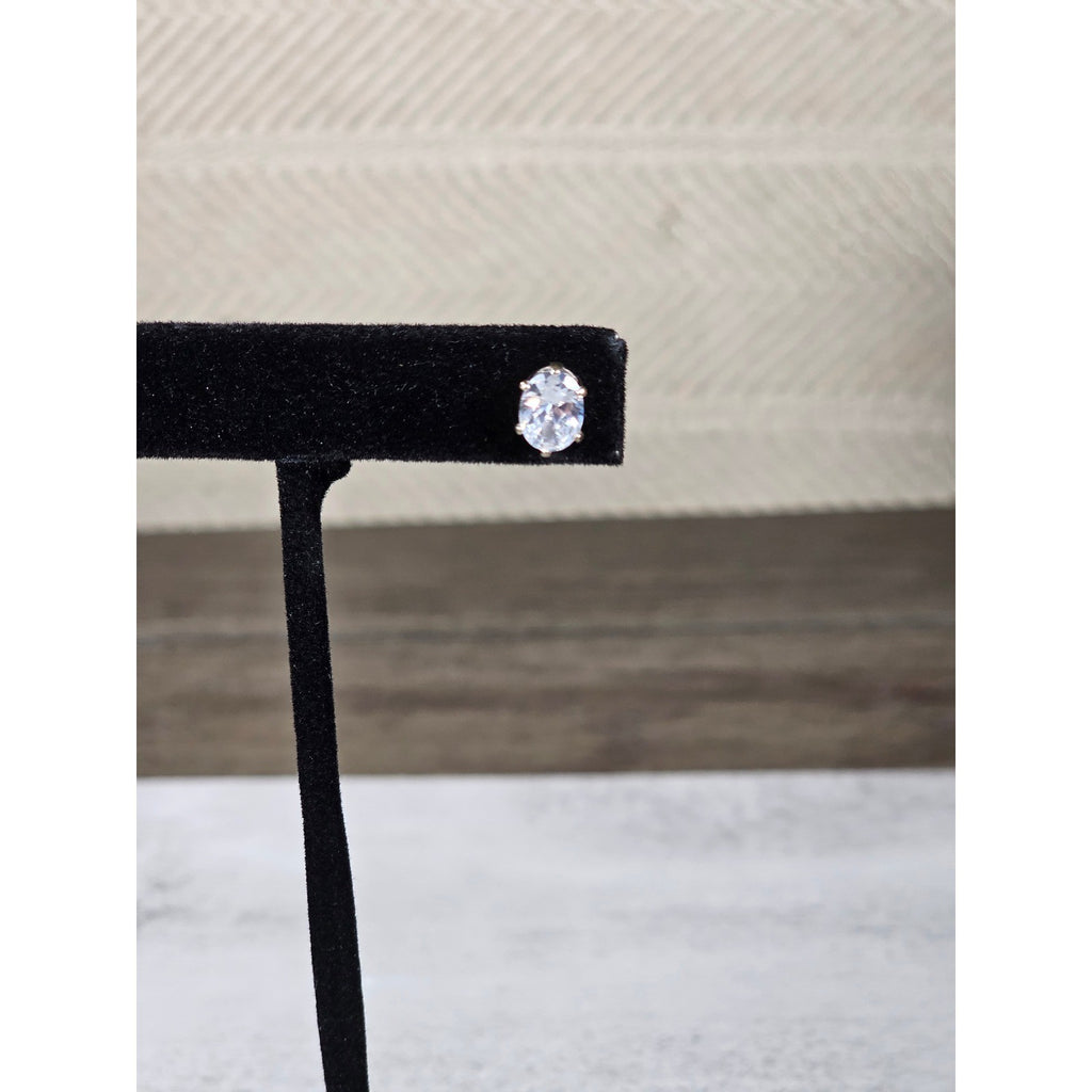 Vintage Oval Clear Rhinestone Stud Earrings Gold Tone