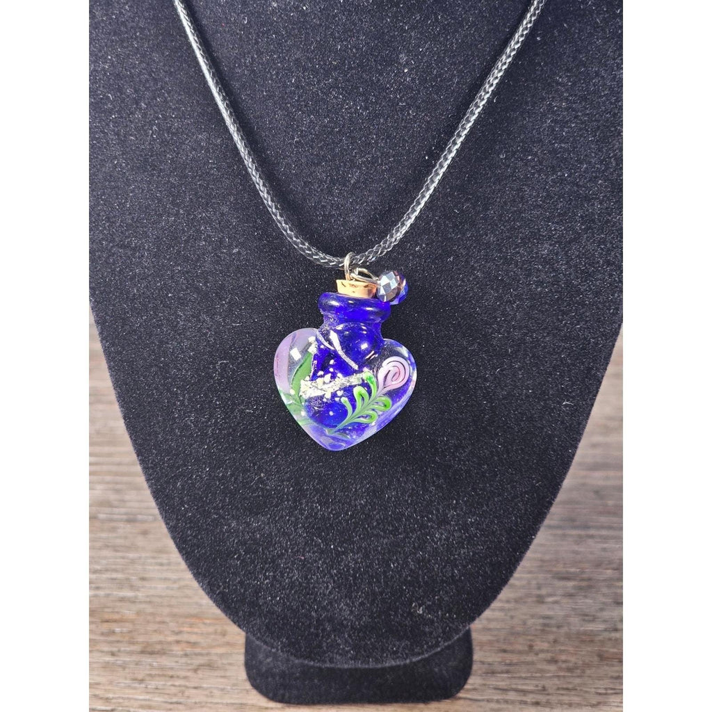 Vintage Glass Heart Vial Necklace Blue Hand Blown Art Glass Pendant