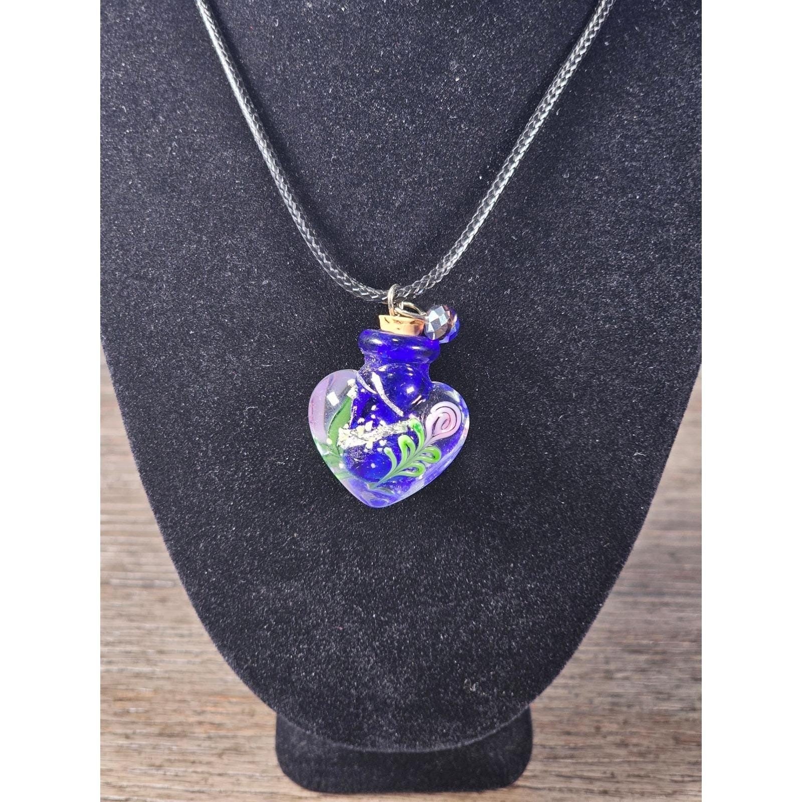 Vintage Glass Heart Vial Necklace Blue Hand Blown Art Glass Pendant
