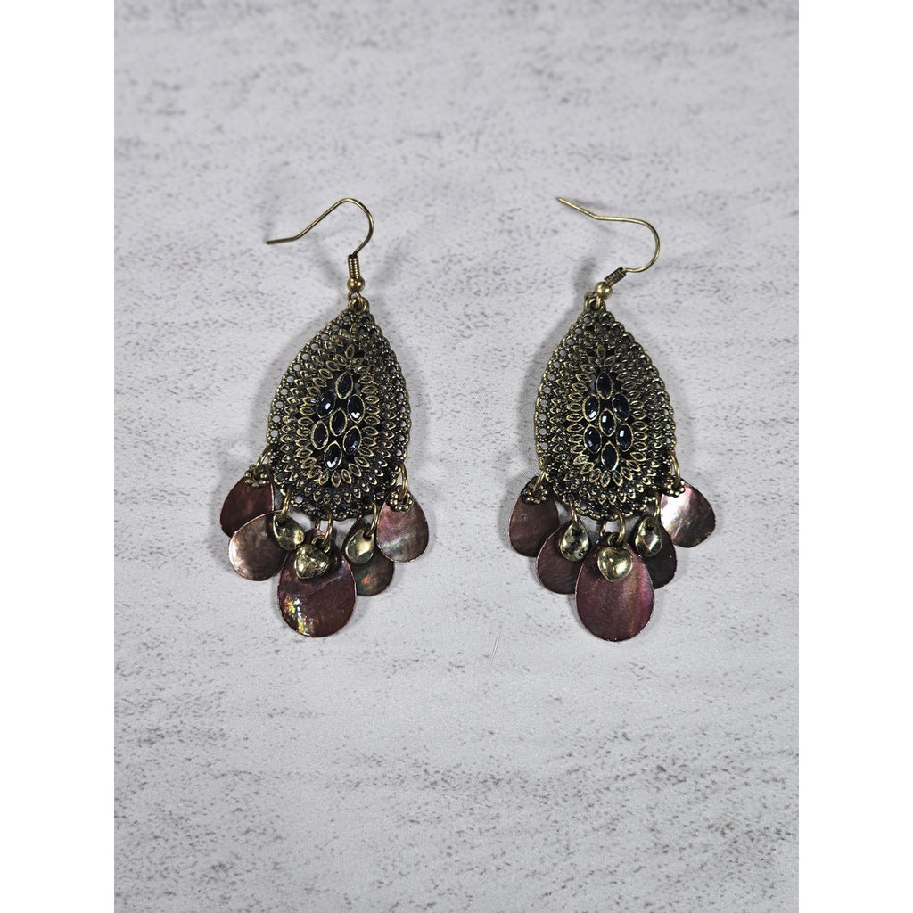 Boho Antique Gold Filigree Teardrop Chandelier Earrings Plum Shell Dangle Charms