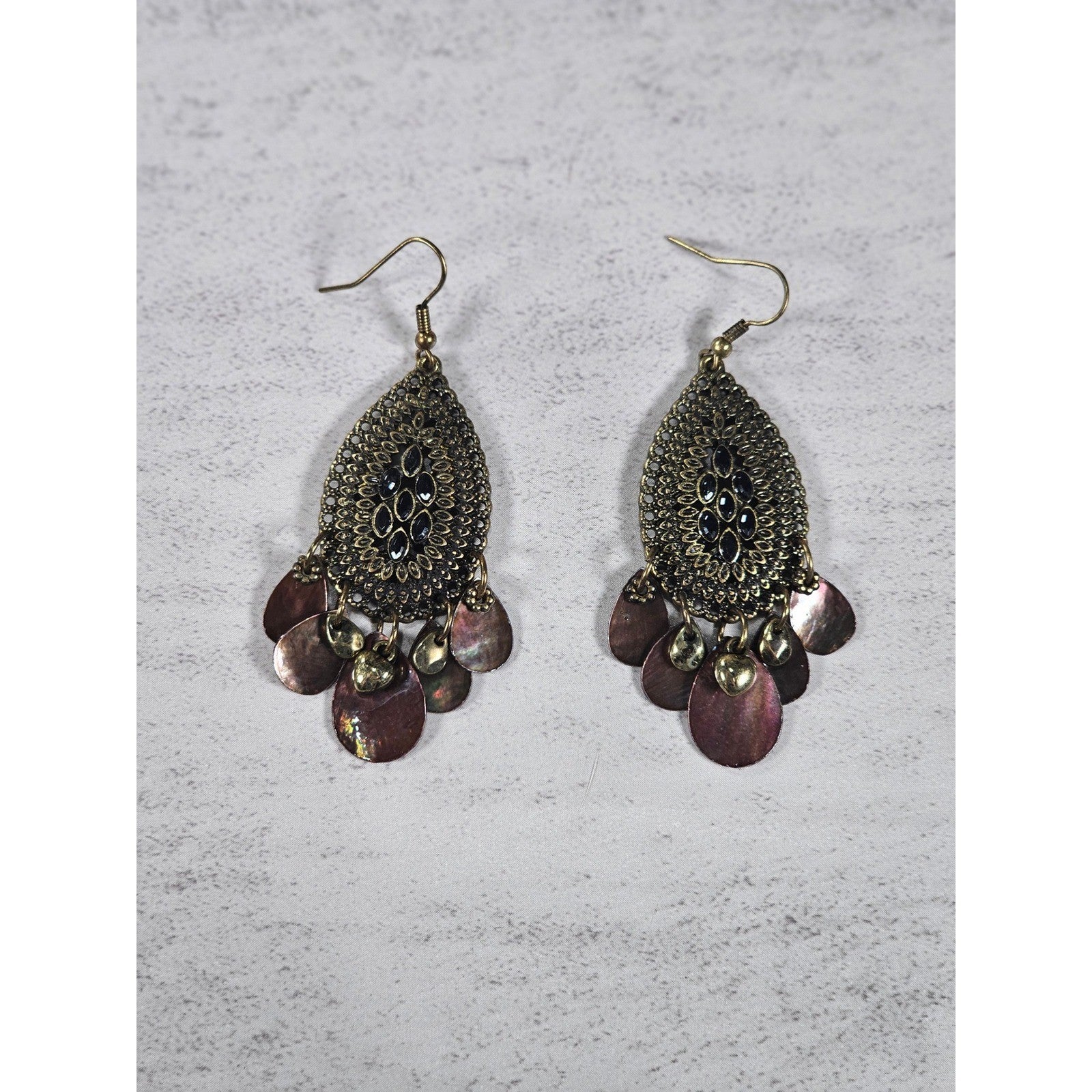 Boho Antique Gold Filigree Teardrop Chandelier Earrings Plum Shell Dangle Charms