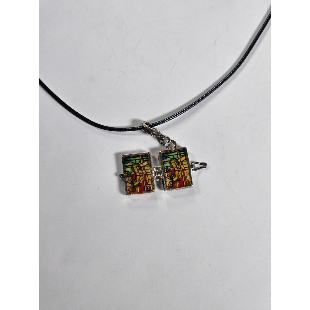 Vintage Stained Glass Locket Necklace Religious Pendant Charm