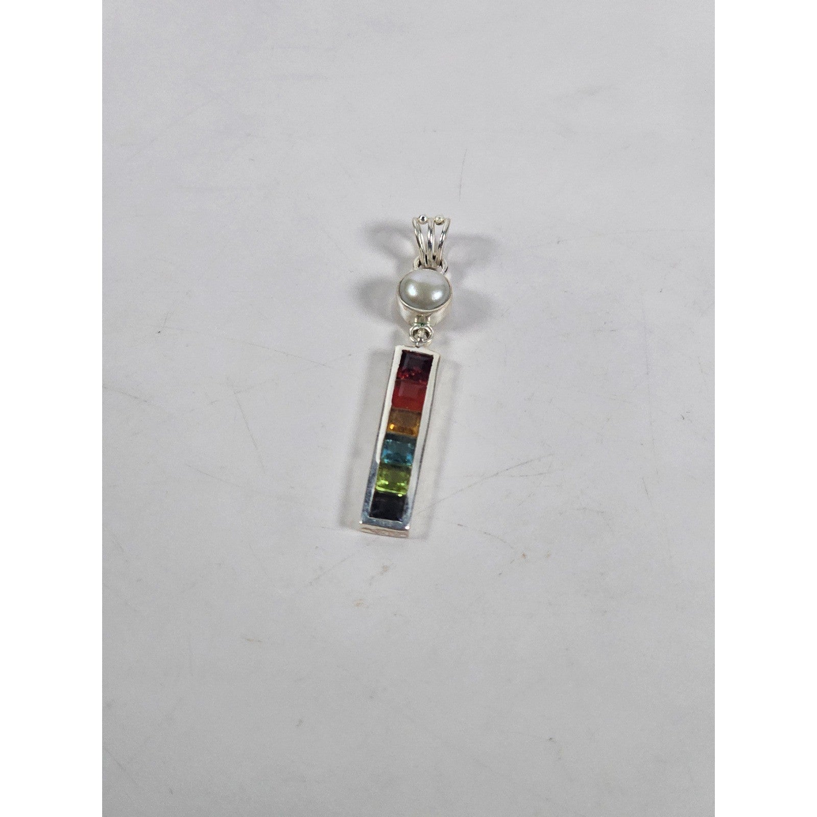 Vintage 925 Sterling Silver Multicolor Bar Pendant with Pearl Accent No Chain
