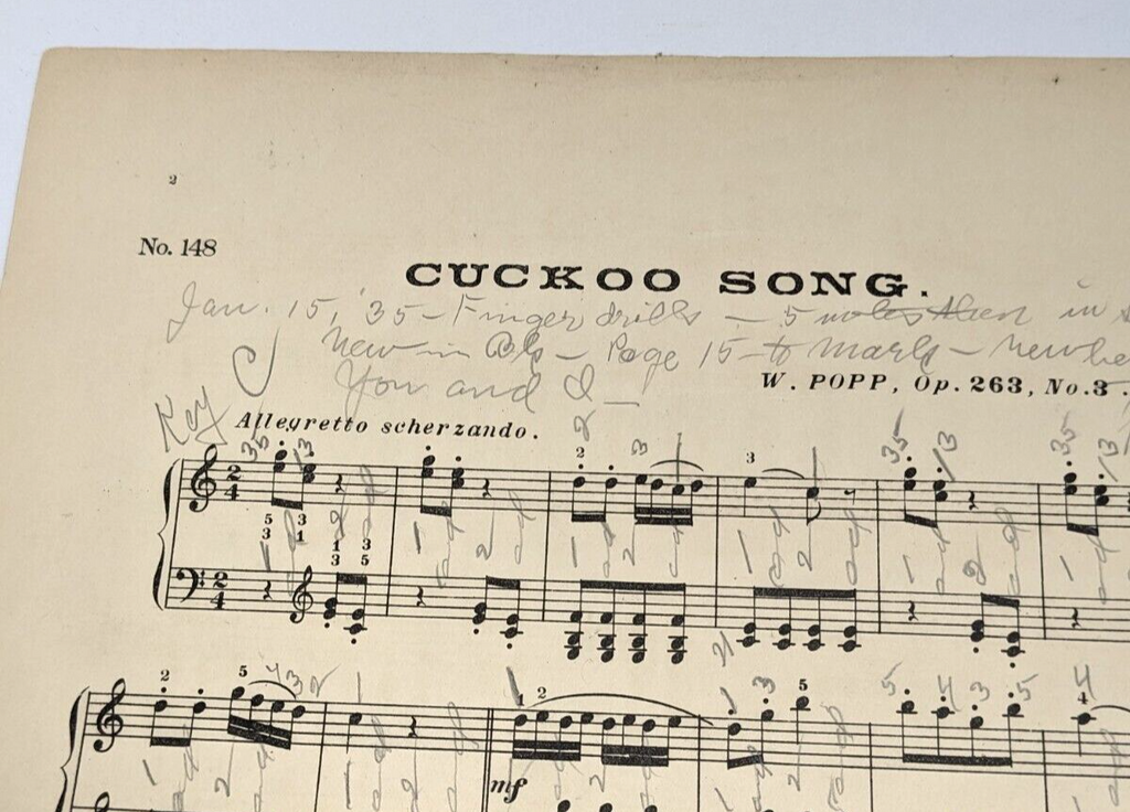 Cuckoo Song Sheet Music By W. Popp 1932