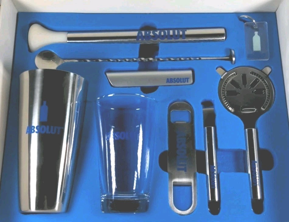 Absolut Vodka 9-Piece Bar Toolkit Set  Shaker Glass Muddler Strainer & More