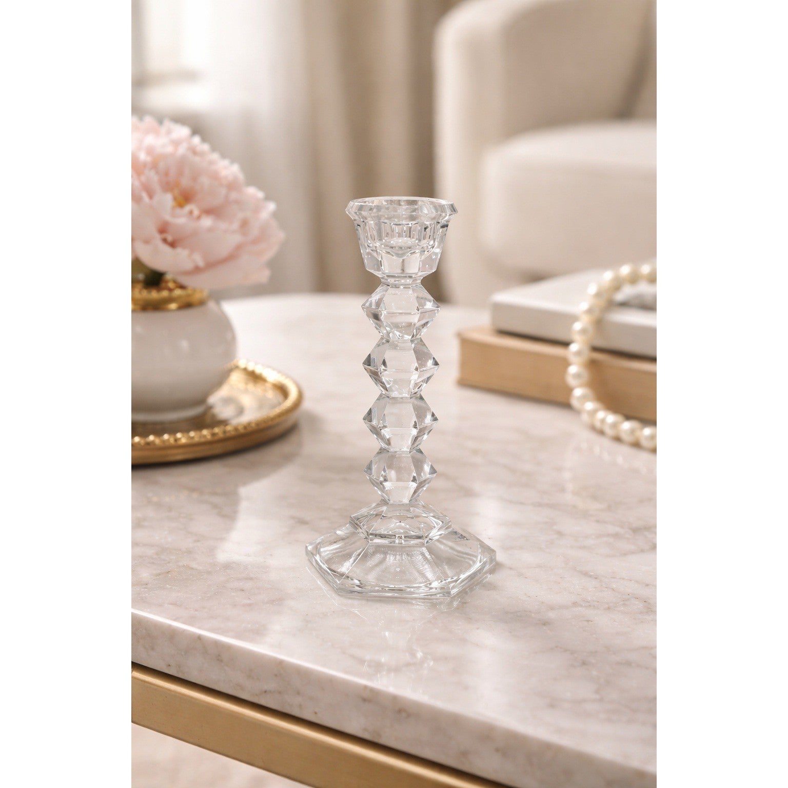 Vintage Faceted Crystal Candlestick Holder 5" Clear Glass Geometric