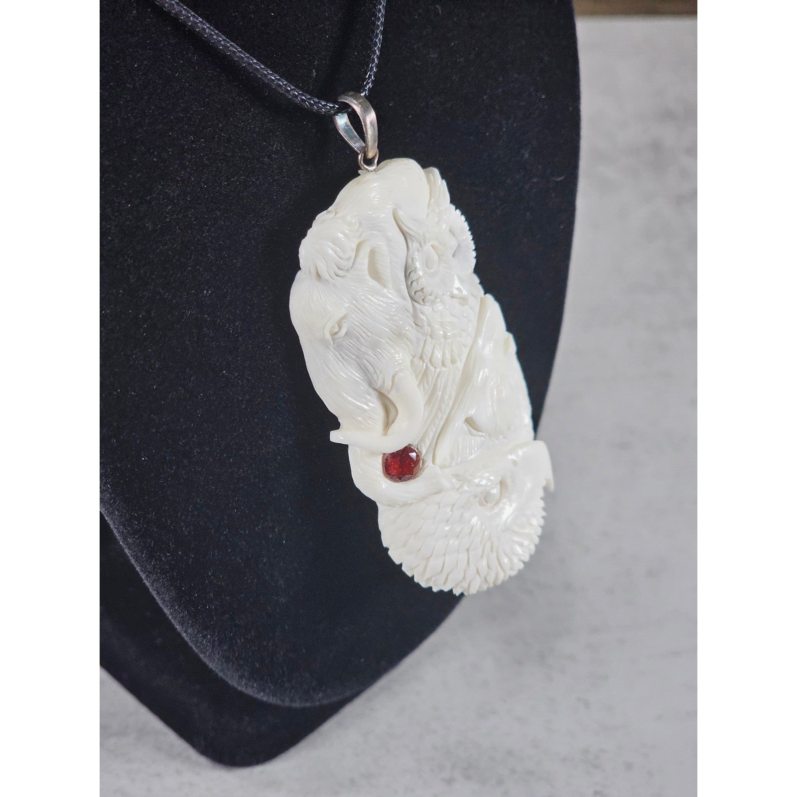 Vintage Carved Pendant Necklace Owl Elephant Red Accent