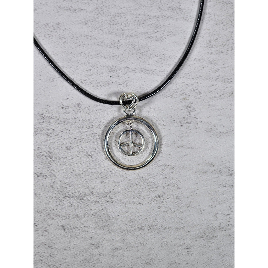 Vintage Peace Symbol Pendant Necklace Silver Tone Boho Jewelry