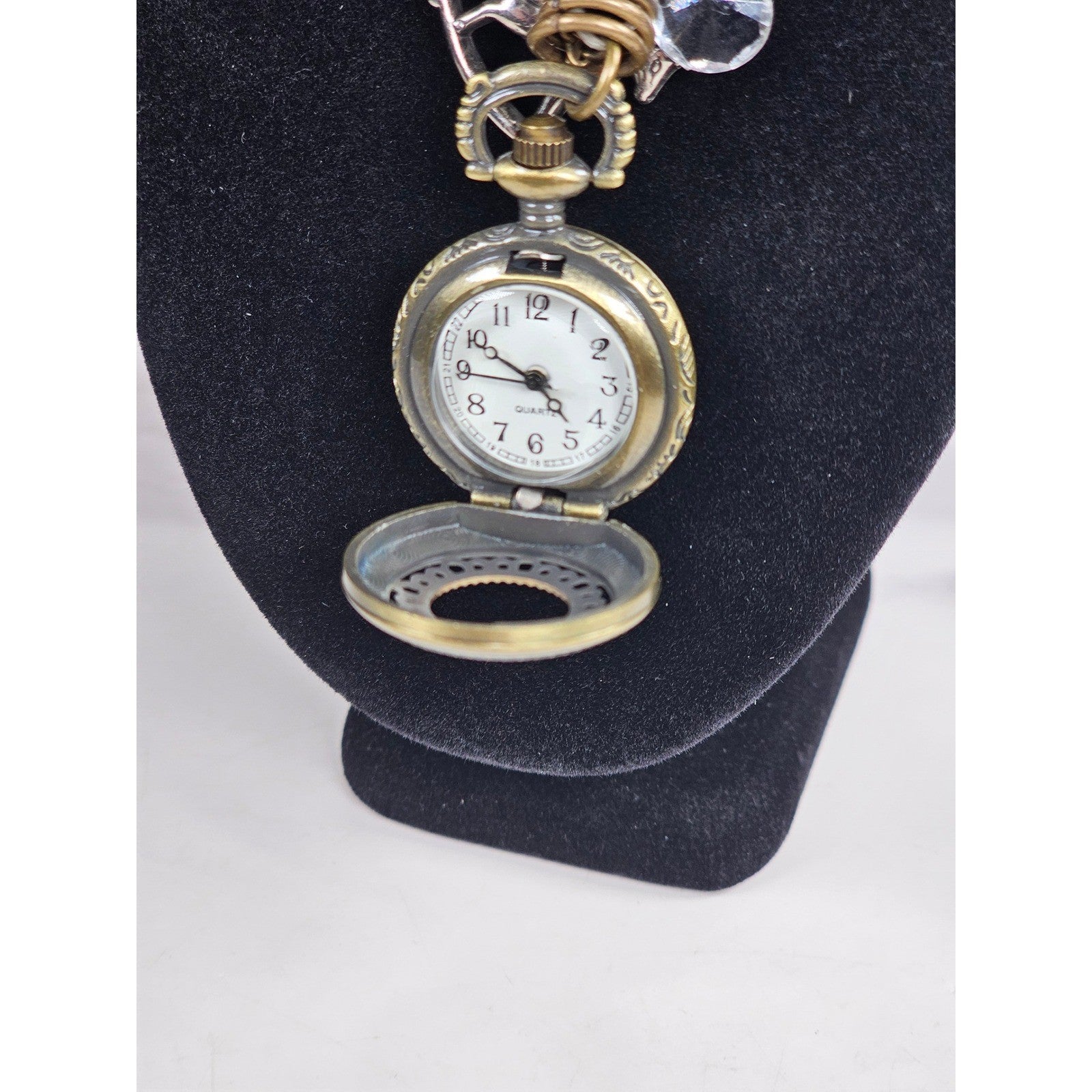 Vintage Pocket Watch Necklace Long Chain Eiffel Tower Charm Quartz
