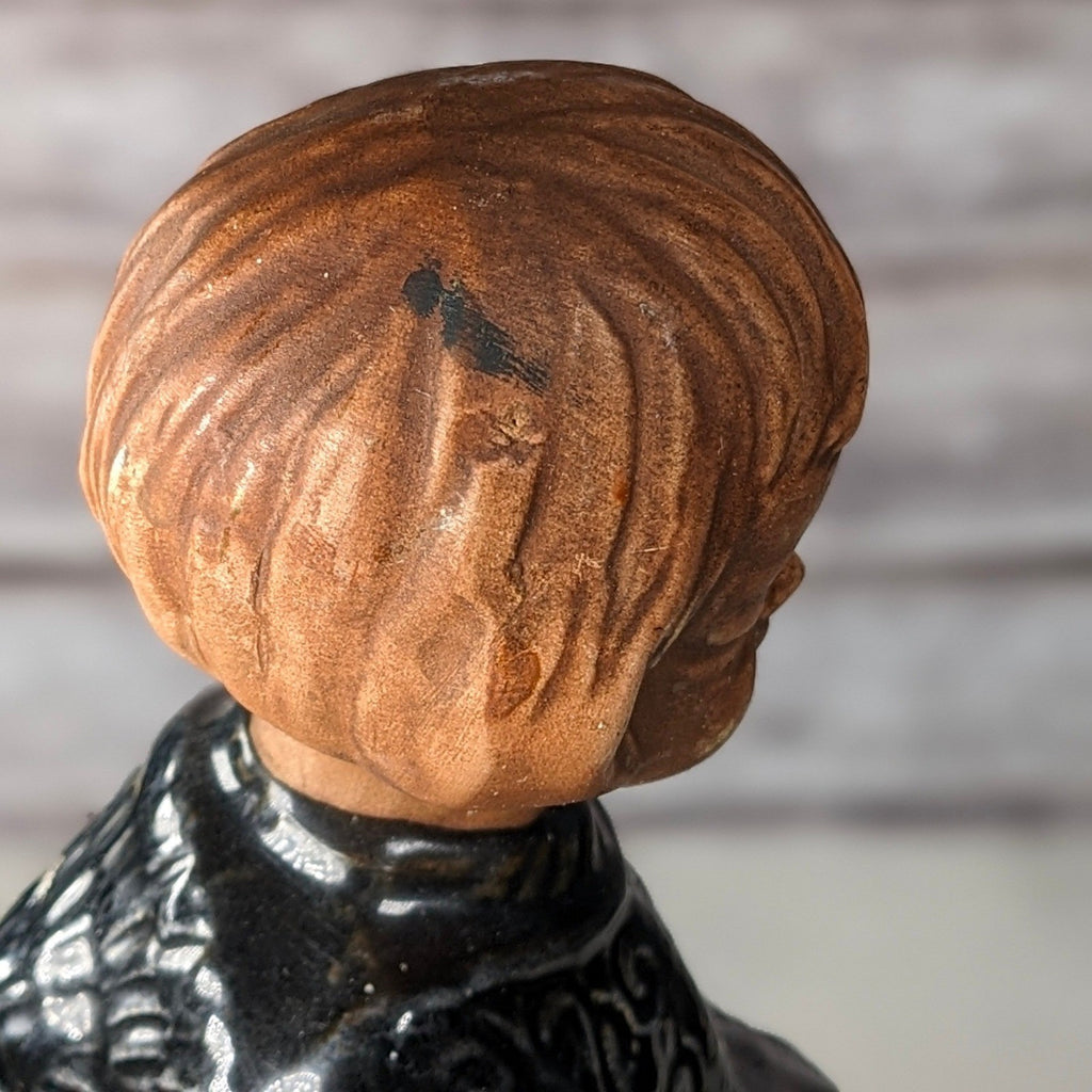 Vintage Ceramic Child Figurine Black Embossed Coat 9.5 Inch Statue