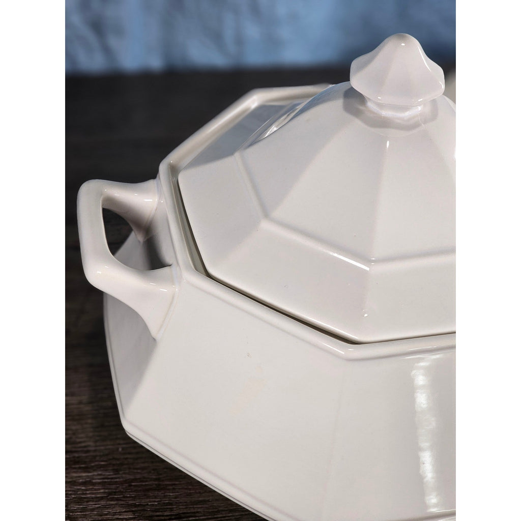 Vintage White Soup Tureen with Lid and Ladle | Octagonal Serving Dish