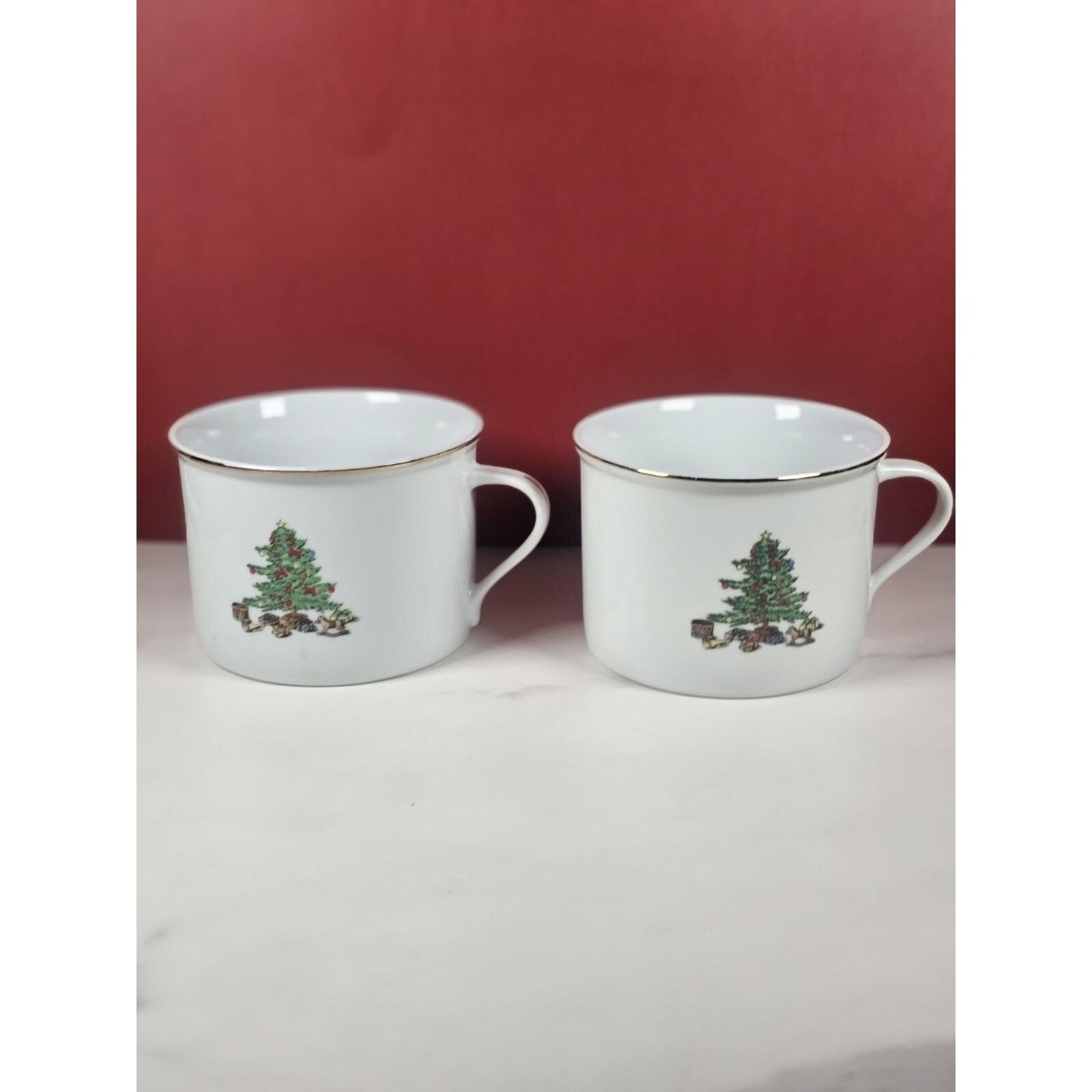 Vintage Tienshan Christmas Tree Mugs Set of 2 Porcelain Holiday Cups