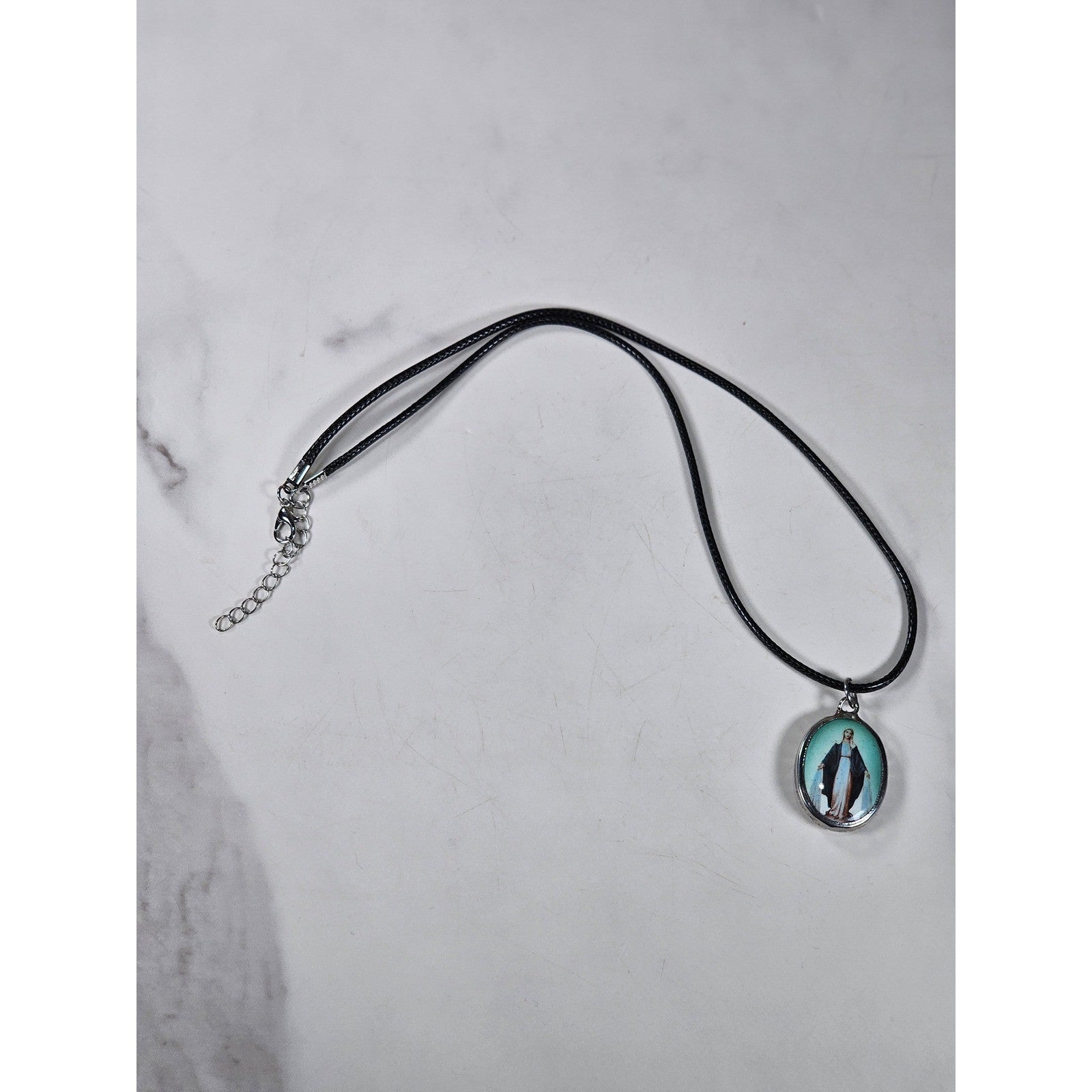Vintage Madonna Pendant Necklace Blue Enamel Oval Cross Back