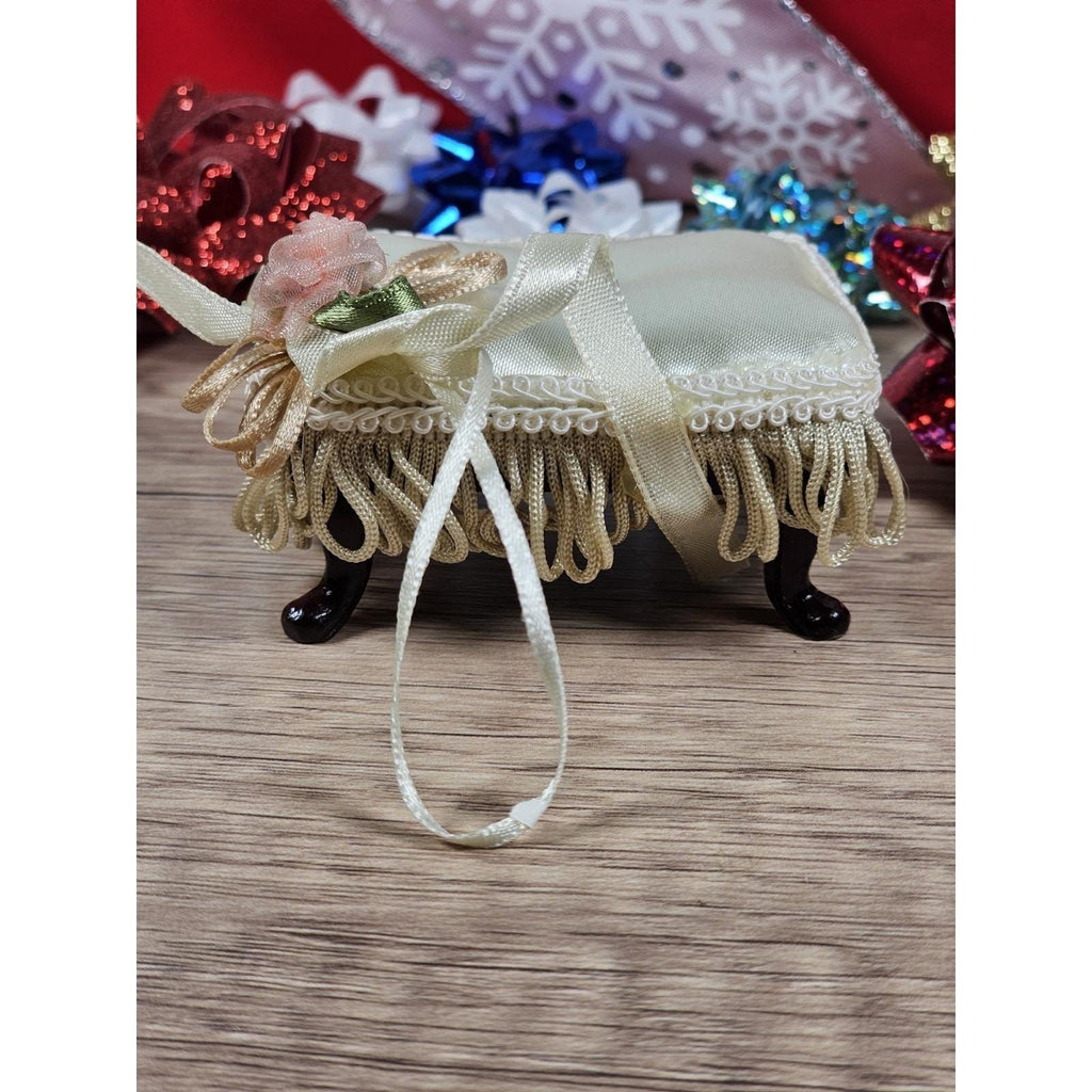 Vintage Miniature Satin Stool Ornament White Pearl Trim Dollhouse