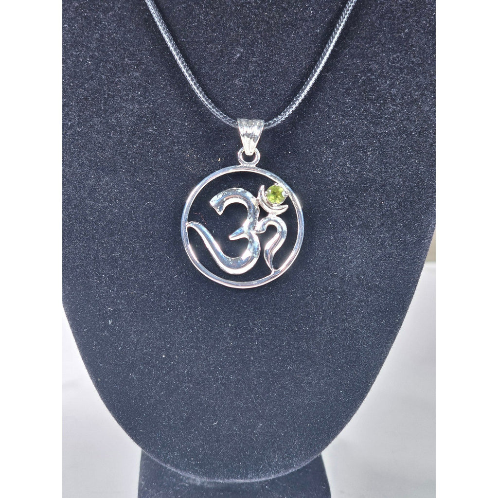 Vintage Sterling Silver Om Pendant with Green Stone Accent