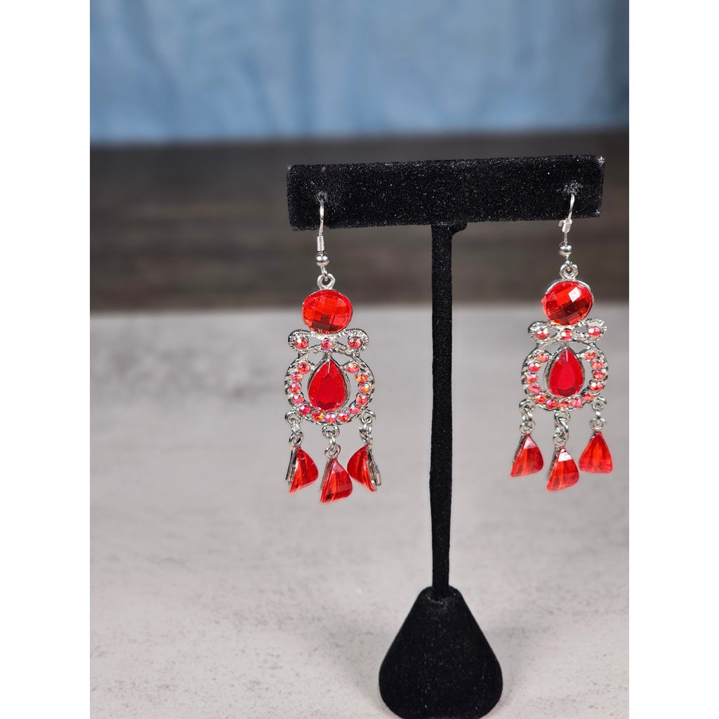 Vintage Red Rhinestone Drop Earrings Silver Tone Dangle Statement Jewelry