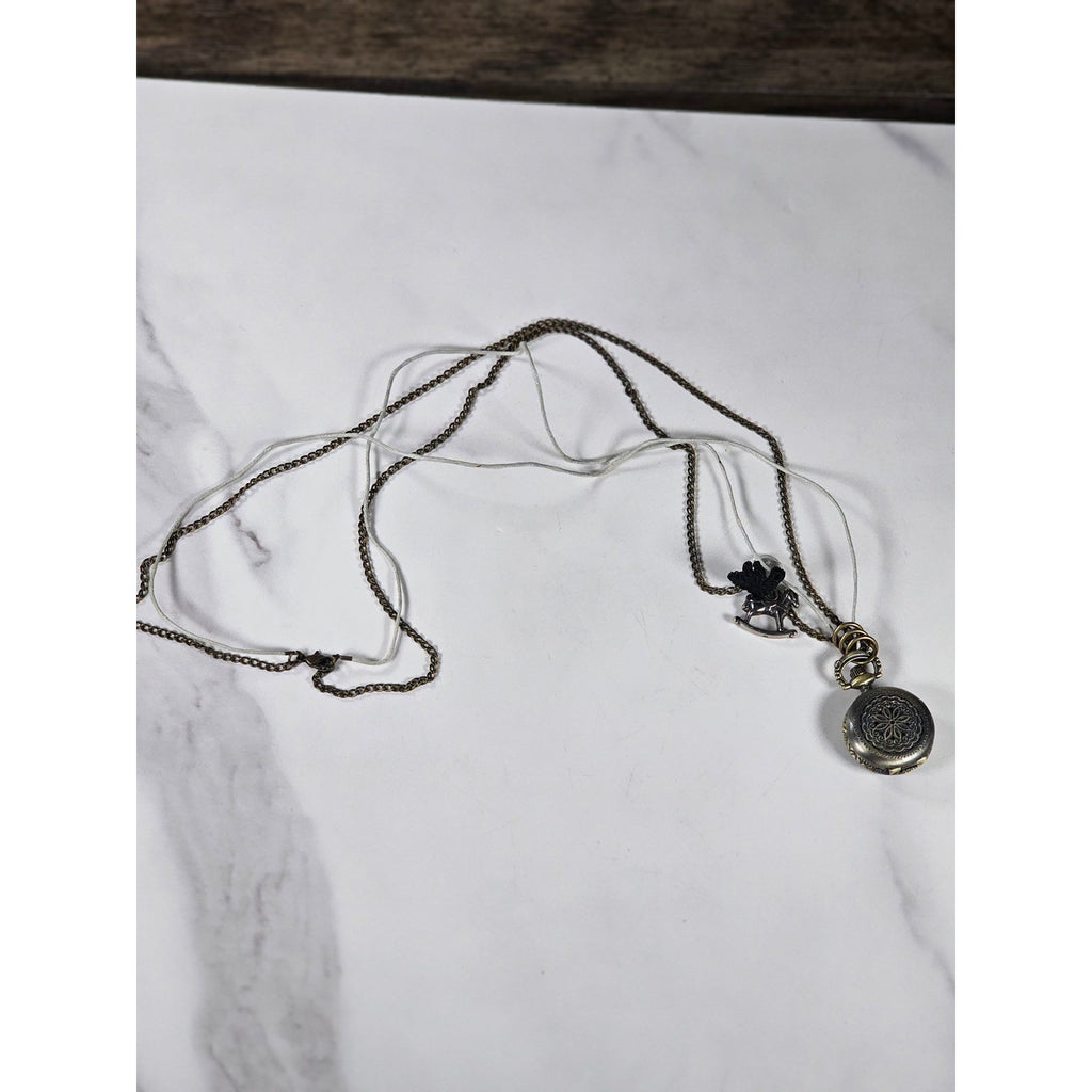 Vintage Pocket Watch Necklace Rocking Horse Charm Long Chain
