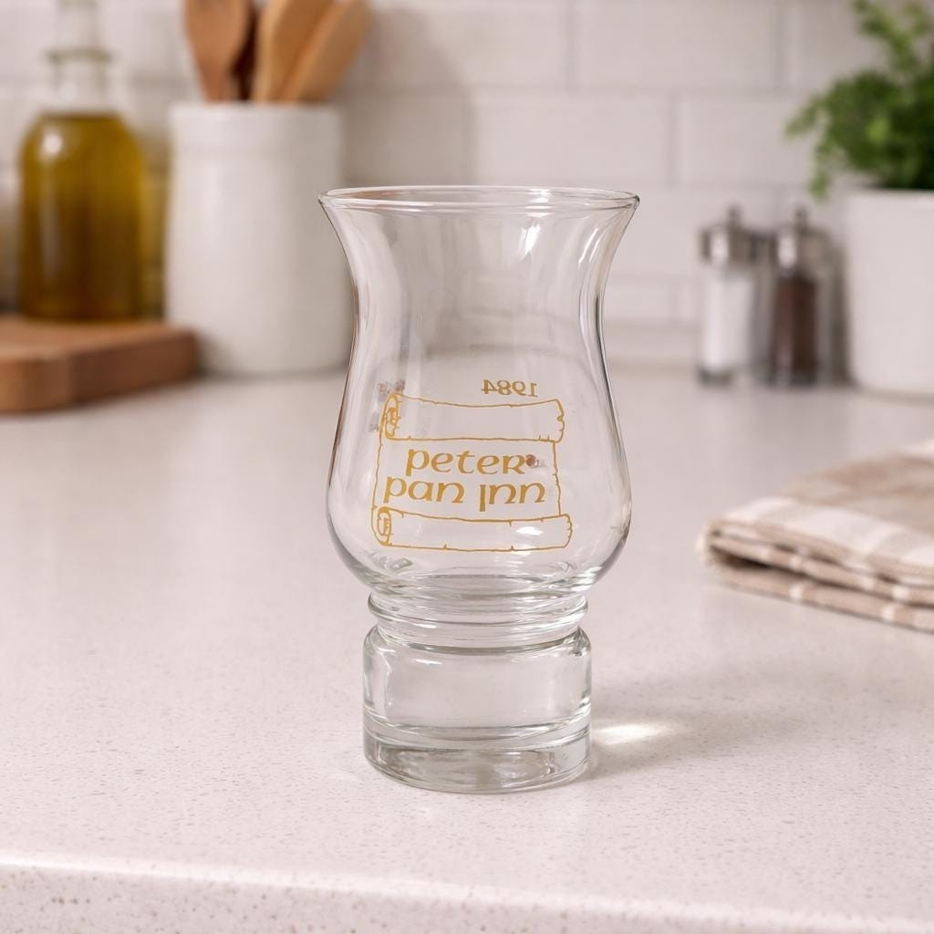 Peter Pan Inn Hurricane Glass 1984 Etched 8 Inch