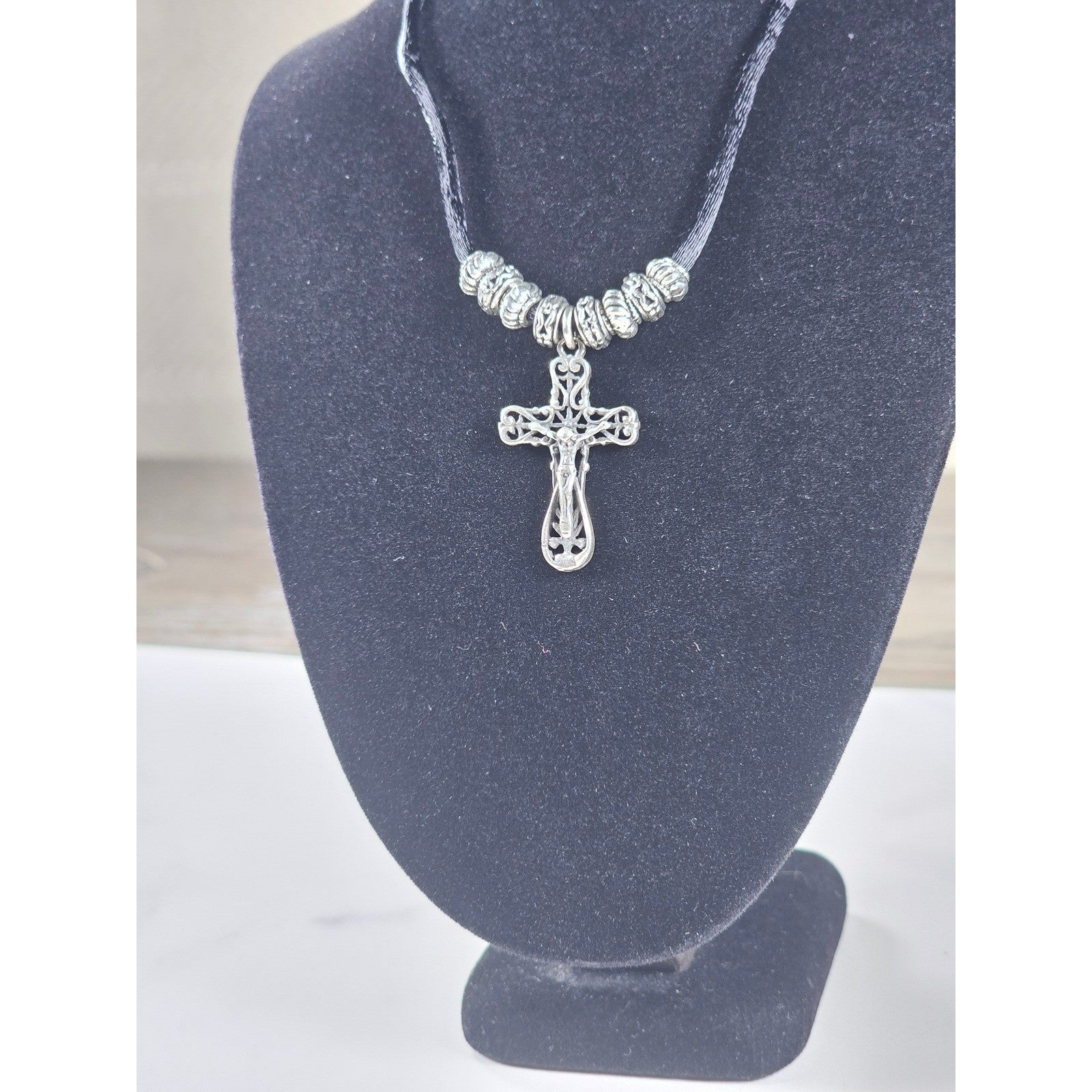 Vintage Silver Tone Cross Necklace Black Cord Beaded Accent