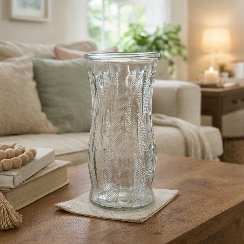 Vintage Brody Clear Glass Vase 9.5 Inch Mid Century Feather Leaf Design