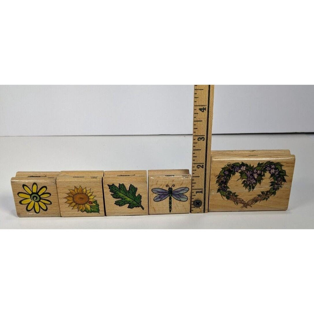 Wood Rubber Stamp Set Dragonfly Sunflower Daisy Leaf Set of 5