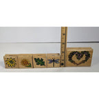 Wood Rubber Stamp Set Dragonfly Sunflower Daisy Leaf Set of 5