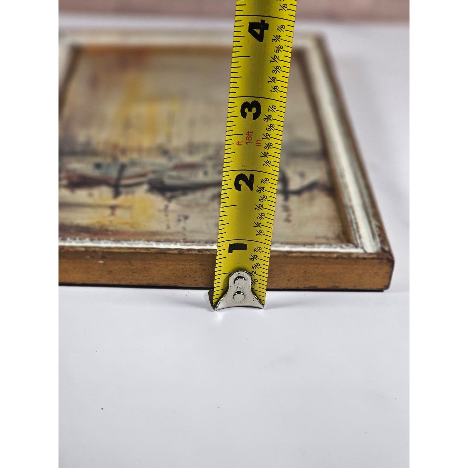 Vintage Framed Harbor Artwork – 9"x6" – Aged Patina – Nautical Wall Decor