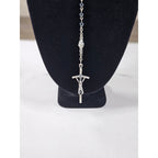 Vintage Black Bead Rosary Necklace Silver Tone Crucifix Catholic