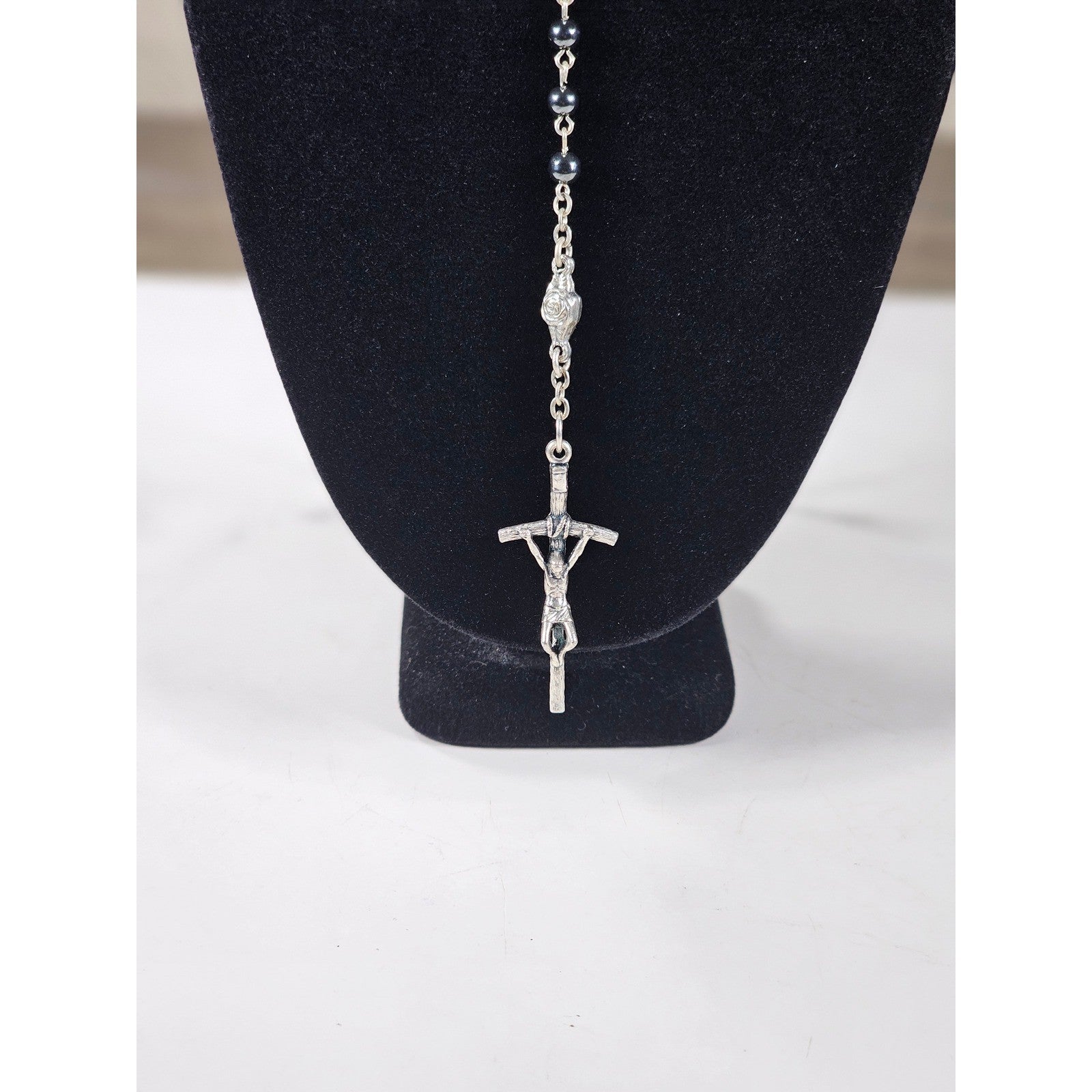Vintage Black Bead Rosary Necklace Silver Tone Crucifix Catholic